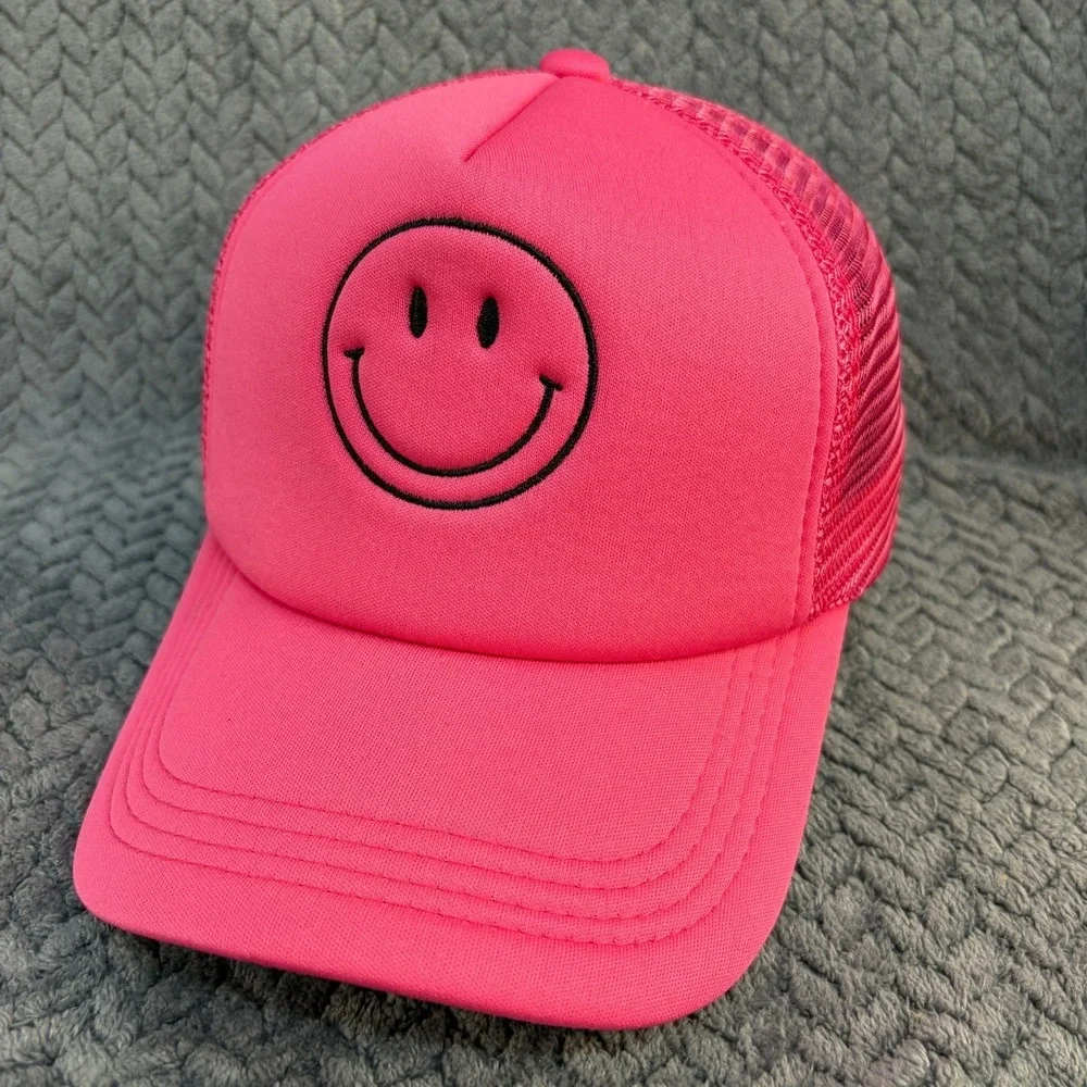Neon Pink Smiley Face Foam Trucker Hat Mesh Snapback Adjustable Cap 0689